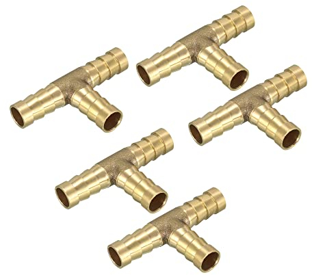 sourcing map Raccord Laiton 10mm Raccord Cannelé de Tuyau 3 Voies Connecteur T Air Eau Gaz Carburant 5pcs