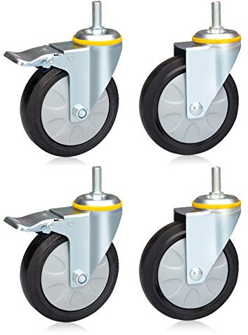 Gewinde M12 Schwerlastrollen für Möbel und Industrietransporte 3 Zoll / 100 mm / 4 '' 300kg-500kg Lenkrollen mit Bremse Leise Gummi Staubdicht Für Fabrik Warenhaus Schule Hotel 4 Stück
