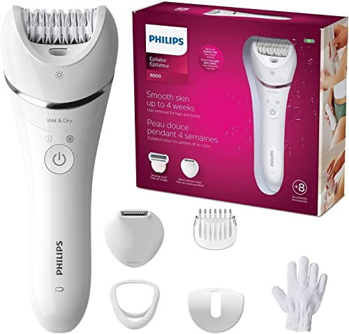 Philips Series 8000, Epilateur Wet & Dry sans fil pour les jambes et le corps, avec 6 accessoires, tondeuse et embout exfoliant pour le corps, (modele BRE715/00)