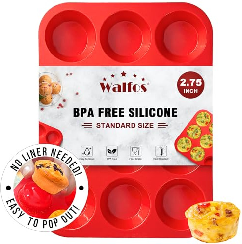 Walfos Silicone Muffin Pan - 12 Cups Regular Silicone Cupcake Pan, Non-stick Great for Making Muffin Cakes, Tart, Bread - BPA Free and Dishwasher Safe