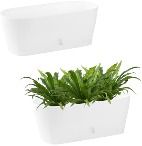 Engelland - 2 x Blumenkasten mit Untersetzer, Weiß, Balkonkasten, Pflanztopf, 25 cm, Tischdeko, für Garten, Terrasse, Fensterbank, mit Wasserauffangschale, Innen- & Außenbereich, 1,7 Liter