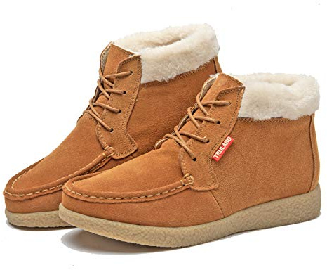 TRULAND Women’s Winter Boots – Suede Leather Fur Lined Water Resistant Ankle Boots (9 D(M) US,Brown + Fur)