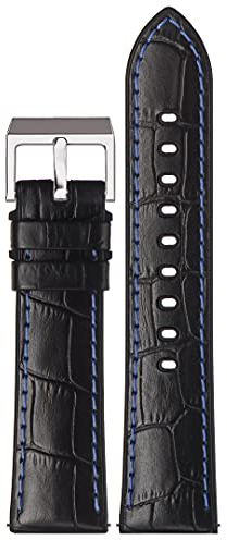 Stailer Uhrenarmband 22mm schwarz, aus echtem Leder mit Alligatorprägung, mit Silikonfutter, Ersatzarmband 22 mm, Lederarmband mit Edelstahl Metall Schließe für Herren, mit blauer Naht