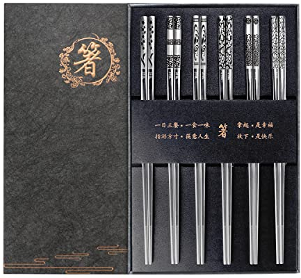 Essstäbchen Wiederverwendbar Edelstahl Essstäbchen 6 Paar, Anti-Rutsch Stäbchen Spülmaschinenfest Japanische Essstäbchen, Metall Essstäbchen Personalisiert Chopsticks Geschenkset