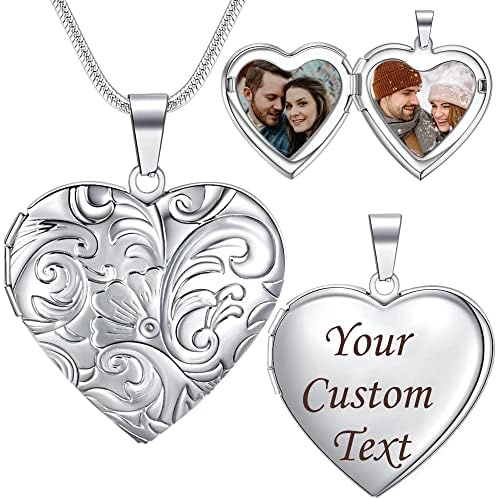 Farfume Personalisierte Foto-Medaillon-Halskette – Herz Medaillon mit Gravur Text und 2 Zwei Fotos – Kette mit Bild （Daisy-Silver）