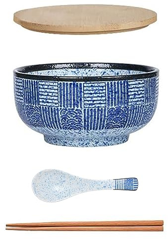 Japanischer Ramen Schüssel Großer Suppenschüssel mit Deckel Löffel，Vintage Ramen Bowl aus Keramik，Salatschüsseln，Instant Nudel Schüssel - 900 ml (Streifen)