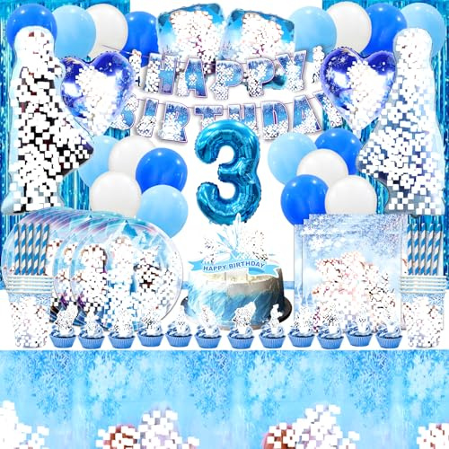 106 Pcs Froze Geburtstagsdeko 3 Jahre, Elsa Geburtstagsparty Ballon 3, Froze Partygeschirr Set, Luftballon Elsa, Froz Cake Decoration 3, Froz Pappteller Und Becher, Tischdeko Geburtstag