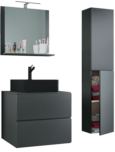 VCM 4-TLG. Waschplatz Waschtisch | schwarzes Waschbecken Unterschrank Breite 60 cm | Badmöbel Set mit Schubladen Drehtüren Spiegel | Lendas S BL