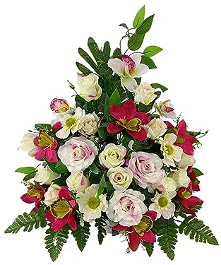 DRW Centro Fiori Artificiali Cimitero, Santi, Chiese, Anniversari, Cerimonie, Matrimoni Rosa e Fucsia con Orchidee, Rose e boccioli 70x65x30 cm