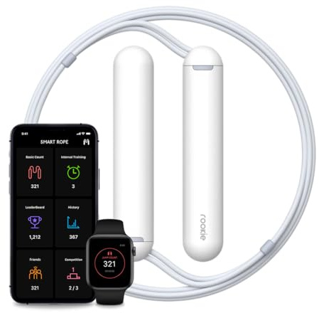 Tangram Smart Rope Rookie - Corda per saltare collegata all'app, per fitness e allenamenti, lunghezza regolabile, Bluetooth 4.0 abilitato, traccia calorie e salti (bianco/blu navy)