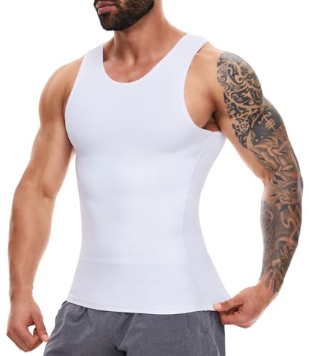 SLIMBELLE Shapewear Herr kompressionströja elastisk ärmlös kroppsformare snäva undertröjor linne midjeformare figurformande magkontroll undertröja, Vit, M