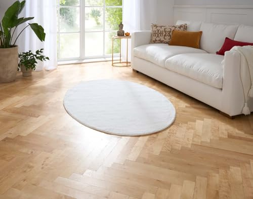 Taracarpet Fellteppich Kunstfell Waschbar - Hasenfell Imitat, Kaninchenfell, Kurzfell | Flauschiger Teppich für Wohnzimmer, Bettvorleger Schlafzimmer - Weiß 120x170 cm Oval