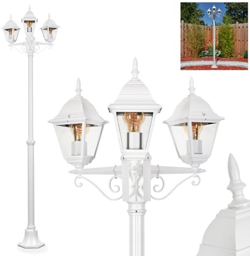 HOFSTEIN Kandelaber Naofe, Außenwegeleuchte aus Metall/Glas in Weiß/Klar, Wegeleuchte im Landhaus/Antik/Retro/Vintage-Design für Garten, Außenbereich, Terrasse, Hof, Höhe max. 220 cm, 3 x E27, IP44