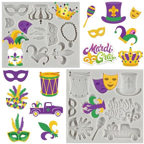 MYPRACS Lot de 2 moules en silicone pour décoration de gâteau de Mardi Gras Masque de mascarade Fleur de Lis Couronne Plume Masque Carnaval Décoration de Gâteau pour Cupcake Topper Bonbons Chocolat
