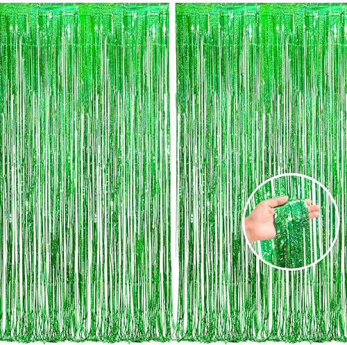 shaohui 2Pcs 1 x 2m/ 3.28 x 6.56 feet Metallic Tinsel Foil Fringe Curtains,Backdrop Curtain Streamers for Party Prom Birthday Favors Decoration Christmas Decorations Party Favors(Green)