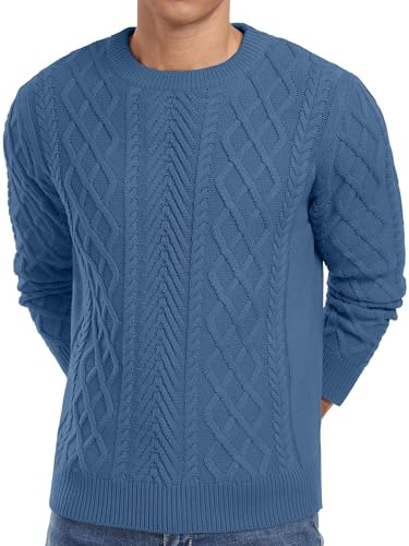 QIXING Maglioni da Uomo con Texture da Pescatore a Maglia Intrecciata Girocollo per Uomo UK Maglioni Casual a Maniche Lunghe Morbidi Lavorati a Maglia Pullover Top con Bordo a Costine, Blu, L