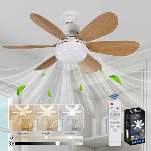 VHV Ventilateur de Plafond avec Lumière et Telecommande, LED Ventilateur Dimmable Plafonnier avec 40W E27 Lampe Intégrée, 6 Pales, 3 Vitesses, Silencieux, pour Salon, Chambre, Coucher (Grain de Bois)