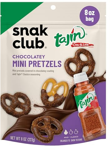 Snak Club Tajin Chocolatey Mini-Brezeln, mit Schokolade überzogene Brezeln mit Chili- und Limettengewürz, mild, keine künstlichen Farben, wiederverschließbarer Beutel 237 ml