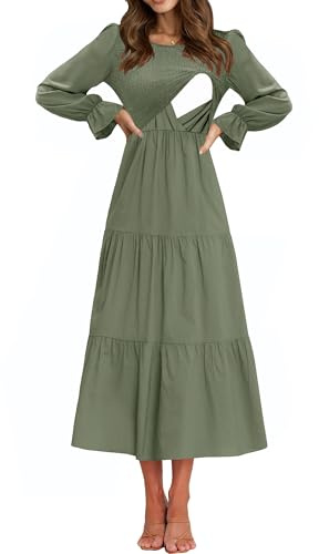 CzzzyL Women Nursing Flounces Long Sleeve Breastfeeding Dress Fall A-Line Flowy Smocked Postpartum Cocktail Pregnancy with Pockets Green,Large