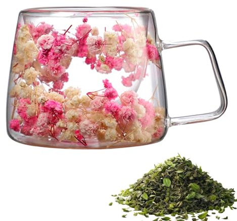 Glasbecher Mit Getrockneten Blumen, 200ml Doppelwandige Glasbecher Tasse Mit Trockenblumen, Hitzebeständiger Glasbecher Mit Griff, Geschenk Für Frauen Beste Freundin Lehrer Mutter Geschenk Zuhause