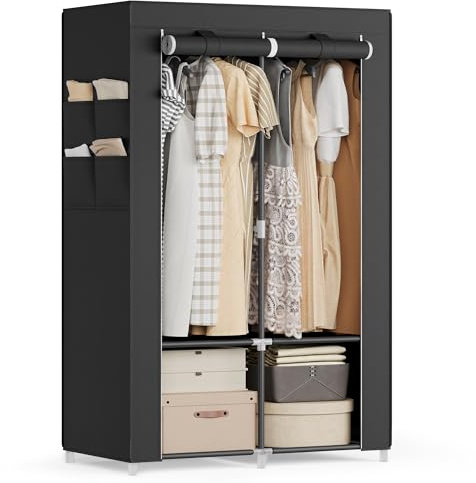 SONGMICS Guardaroba, Armadio Portatile, 2 Barre Appendiabiti, Ripiani, 4 Tasche Laterali, 45 x 86 x 167 cm, Grande Capienza per Camera da Letto, Soggiorno, Nero Inchiostro RYG091B01