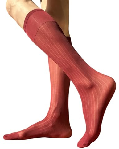 YUZIMEI Men Socks, Mens Nylon Sheer Suit Socks Business Dress Socks Elastic Wide Striped See Through Formal Dress Over the Calf Stockings - Burgundy