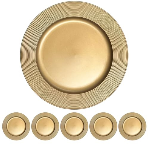 Murago - 6er Set Platzteller ca. 33cm Kunststoff goldfarben - matt Unterteller für Teller Dekoteller Kerzenteller goldene Dekoration für Hochzeit Weihnachten Tischdeko rund