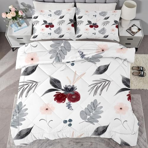 buyluhn Bettdecke 135x200 Graue BläTter, 4 Jahreszeiten Bettdecken Blumen Ohne Bezug Nutzbar, Kinder Steppdecke Ganzjahresdecke, Waschbar Bettzeug mit 2 Kissenbezug für Sommer Winter