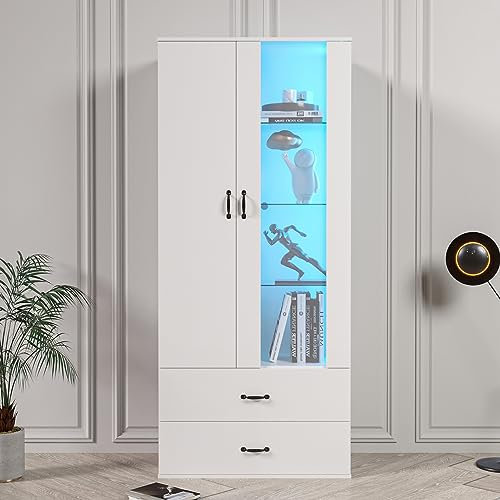 16 Farben LED-beleuchtete Vitrine, 2 Türen, 2 Schubladen mit Glastüren, Standvitrine Weiße LED-Vitrine Wohnzimmer Wohnzimmerwand LED-Schrank Buffetschrank Hochregal Bücherreg (59.5x35x182CM)