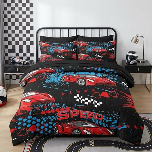Nesker 5 Pcs Comforter Set Twin Size, Red Black Sports Car Bedding for Kids Teen, Auto Race Bed Sheet with Pillowcase & Sham