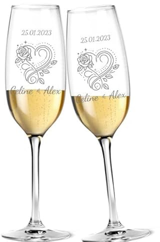 Personalisierte Sektgläser für Paare zum Jahrestag, Hochzeit, Valentinstag, graviert mit Namen, Datum & Motiv Herz-Rose, 23cm, 170ml, einzigartiges Geschenk für besondere Anlässe individuell gestaltet