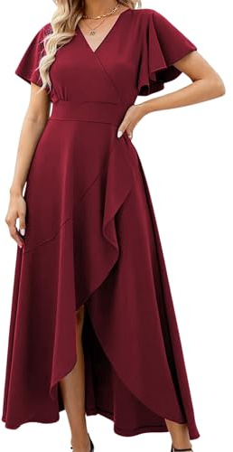 MisShow Robes de Soirée pour Mariage, Longue asymétrique Manches Courtes Col V Fendue Fluide Chic