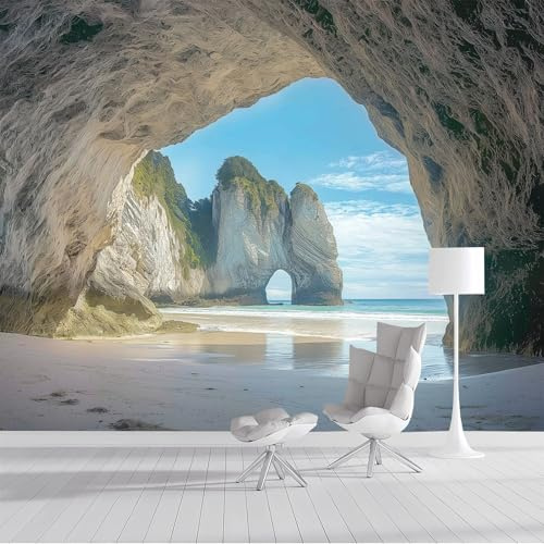 MIATCENRT Papier Peint Panoramique 350x256cm (L×H), Baie Arche Papier Peint Tissu De Soie, 3D Effet Décoration Murale Poster, Mer Plage Tableaux Muraux Photo Trompe L'Oeil Ornament