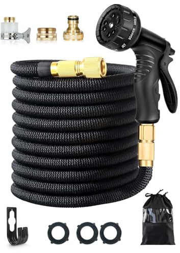150FT Expandable Garden Hose, Lightweight Water Hose with 10-Function Spray Nozzle, Durable 1/2 & 3/4 Brass Fittings, Leakproof Hose for Outdoor Watering, Car Washing, Black