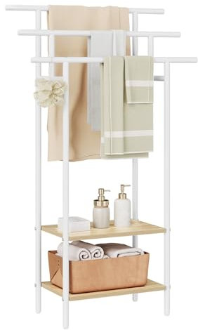 EUGAD Portasciugamani Indipendente a 3 Livelli, Portasciugamani a Scaletta con 2 Ripiani, Portaoggetti con Appendini per Bagno/Camera da Letto/Balcone, Metallo Bianco + Legno Massello Effetto Rovere