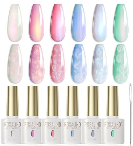 ROSALIND UV-nagellack, 6-färgers set med pärlvit pärlviolett rosa blå grön och gul nagellack, med pärlspiraleffekt för manikyr och nageldesign
