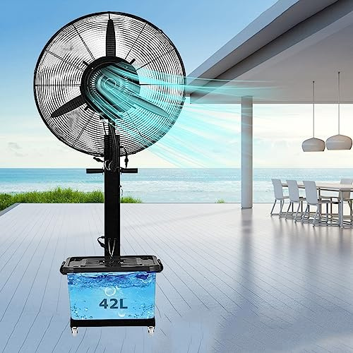 320W Industrial Outdoor Misting Pedestal Fan High Velocity Oscillating Fan With 3 Speed Moving Standing Fans W/Standalone Misters Tank Easy To Clean Space Cooling