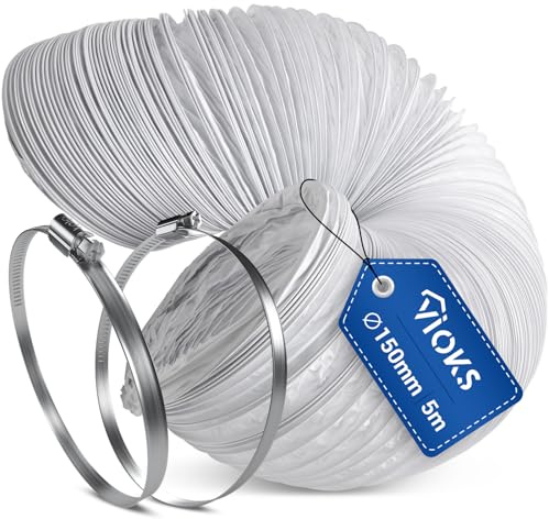 VIOKS Kit tuyau d'évacuation d'air pour climatiseur 5 m Blanc Tuyau d'évacuation d'air 150 mm Ø en PVC + Collier de serrage 140-160 mm Ø W2 en acier chromé – Tuyau de climatisation pour hotte