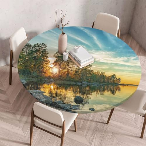 FANSU Tischdecke Outdoor Wetterfest Rund mit Gummizug, Rund Tischdecke mit 3D Muster Waschbar und Abwischbar für Esstisch, Couchtisch, Gartentisch Geeignet (Steinsee,60cm)