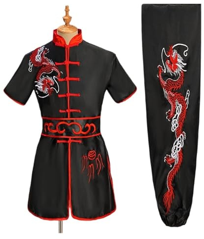 LXHZSY Kung Fu Anzug Männer Frauen Traditionellen Drachen Wushu Uniform Kung Fu Kleidung Set Kampfkunst Uniform(Black red,180 cm)