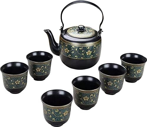 WOTZOV Juego de té de Porcelana Chino-Japonesa, Tetera Kungfu Hecha a Mano con 6 Tazas, Tetera Negra Grande con Estampado de Flores Doradas.