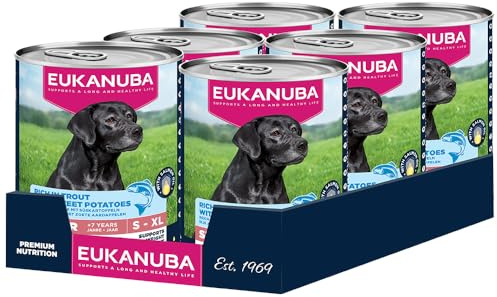 EUKANUBA Cibo umido per cani senior con trota e patate dolci, cibo umido premium senza cereali per cani anziani, 6 x 400 g lattine