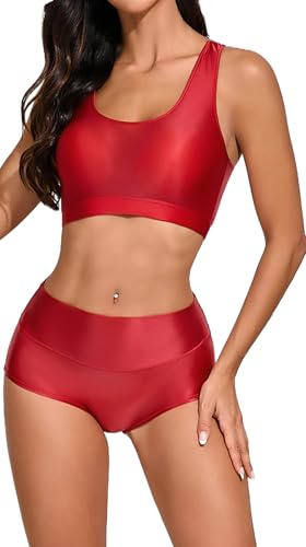 Ausing Frauen Trainingsanzug Sport Glänzende Set Gym Shape Outfit für Damen Yoga Trainings Sets Fitness Glitzer Kleidung Workout Glossy Bekleidung Bikini Sportler Sportset Zweiteiler Sportsachen Rot M
