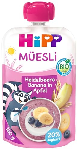 HiPP Müesli Heidelbeere Banane in Apfel mit Joghurt, Quetschie ab 1 Jahr, (6 x 120g)
