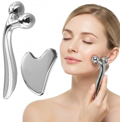 Gua Sha Board & Face Roller Metal Massage Kit, 3D Facial Massager for Skin Depuffing and Facial Uplift, Stainless Steel Gua Sha – Skin Care and Relaxation