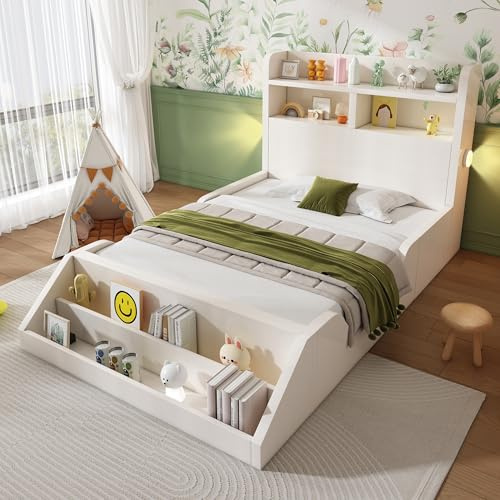 Mrwoo Holzbett Einzelbett 90x200 cm, Kinderbett Stauraumbett mit Offenes Regal und Bücherregal, Kopfteil mit Stauraum, für Gästezimmer/Jugendzimmer/Wohnungen, Weiß (Ohne Matratze) (90x200 cm)