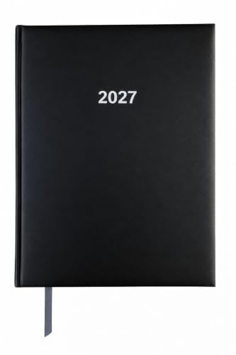 2027 ADINA Buchkalender A4 schwarz 1 Tag auf 1 Seite auch sonntags | 1T/1S auch Sa/So Fadenheftung Eckperforation Zeichenband Stiftschlaufe viertelstündliche Einteilung