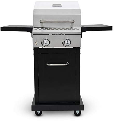 Megamaster Barbecue a gas propano a 2 fuochi con tavoli laterali pieghevoli, perfetto per campeggio, cucina all'aperto, terrazza, giardino, barbecue grill, 28.000 BTU, argento e nero