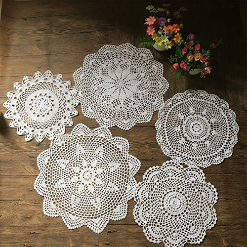 MINDPLUS Set di 5 Centrini all'Uncinetto a Mano Centrini in Pizzo all'Uncinetto in Cotone da Tovaglietta 30-40 cm Rotondi Bianco Vintage Matrimonio Tea Party (Bianco)
