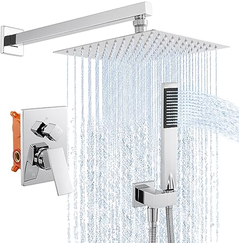 KES Sistema Doccia a 3 Modalità di Erogazione Soffione Quadrato 25 cm con Doccetta Valvola Grezza e Finiture Set Doccia Pioggia Bagno Cromo Lucido, X6230-CH